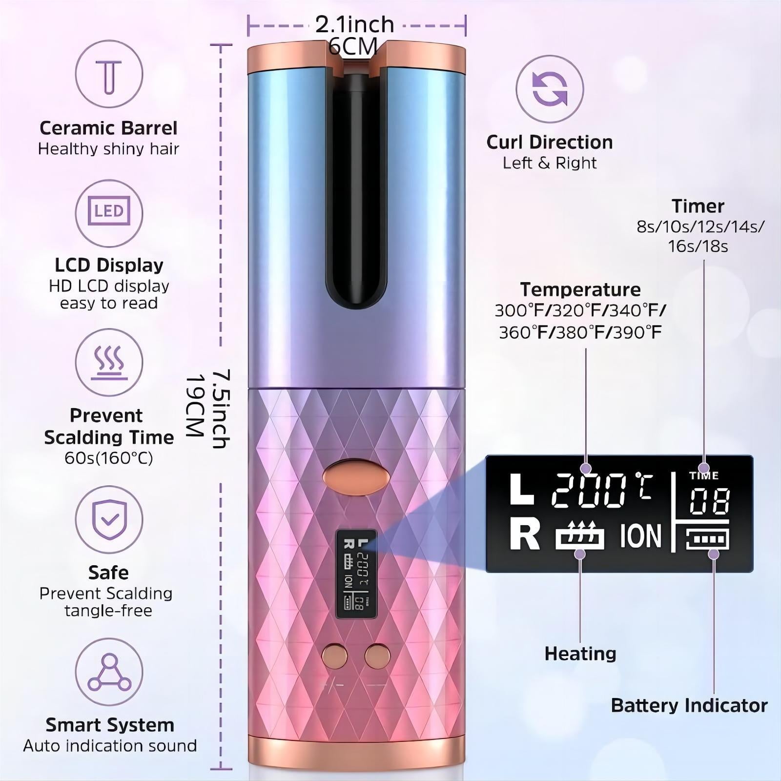 Automatic Curling Iron, Hair Curling Iron for Hair Styling, Cordless Auto Hair Curler, with 6 Temps and Timers, Auto Shut-Off, Fast Heating, Rechargeable Cordless Hair Curler 1