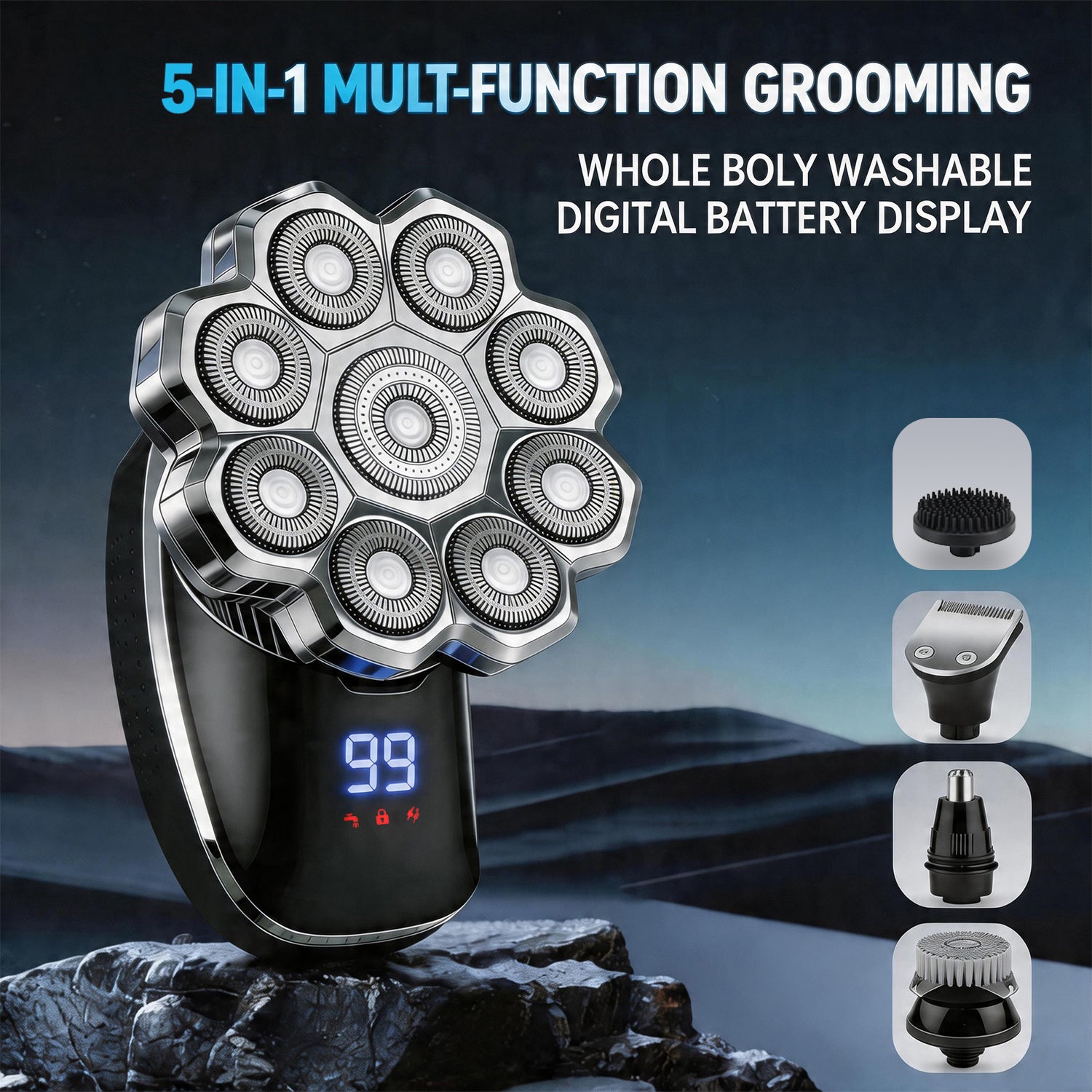 LARGNER 9D Electric Head Shaver for Bald Men, 5-in-1 Wet/Dry Cordless Rotary Razor Grooming Kit, IPX7 Waterproof, Smart LCD Display