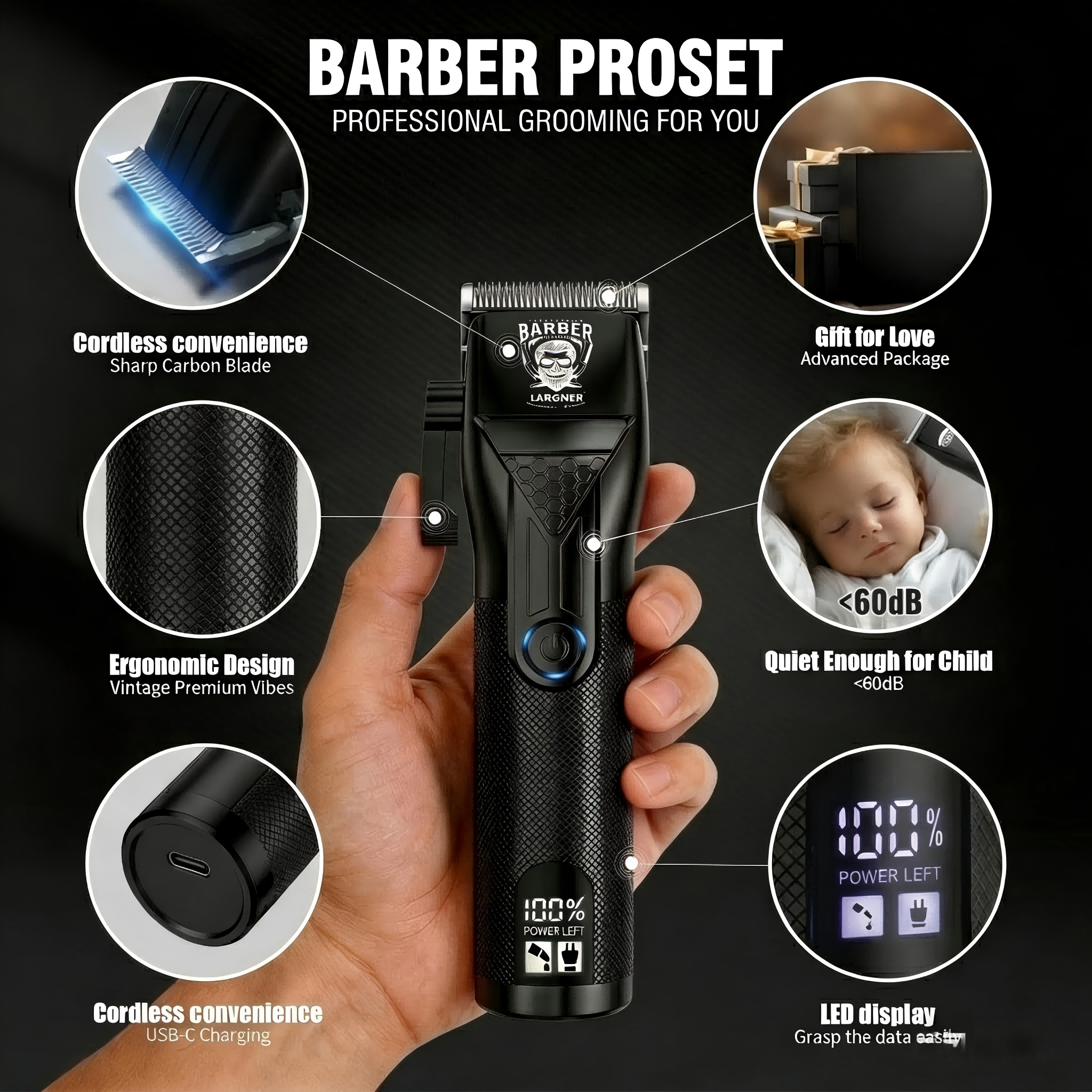 LARGNER Professional Hair Clipper & T-Blade Trimmer Set – 2-in-1 Cordless Barber Grooming Kit with Digital LED Display