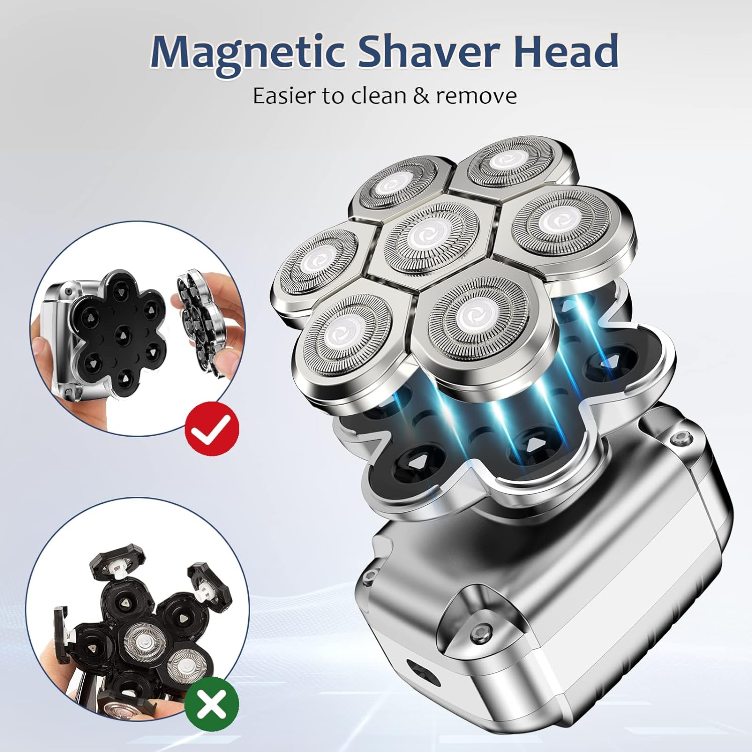 7D Head Shavers for Bald Men, Upgraded 5-in-1 with Magnetic Detachable Head Electric Razor, IPX7 100% Waterproof Dry & Wet Bald Head Shaver, Easy-Clean Beard Grooming Kit for Home & Travel