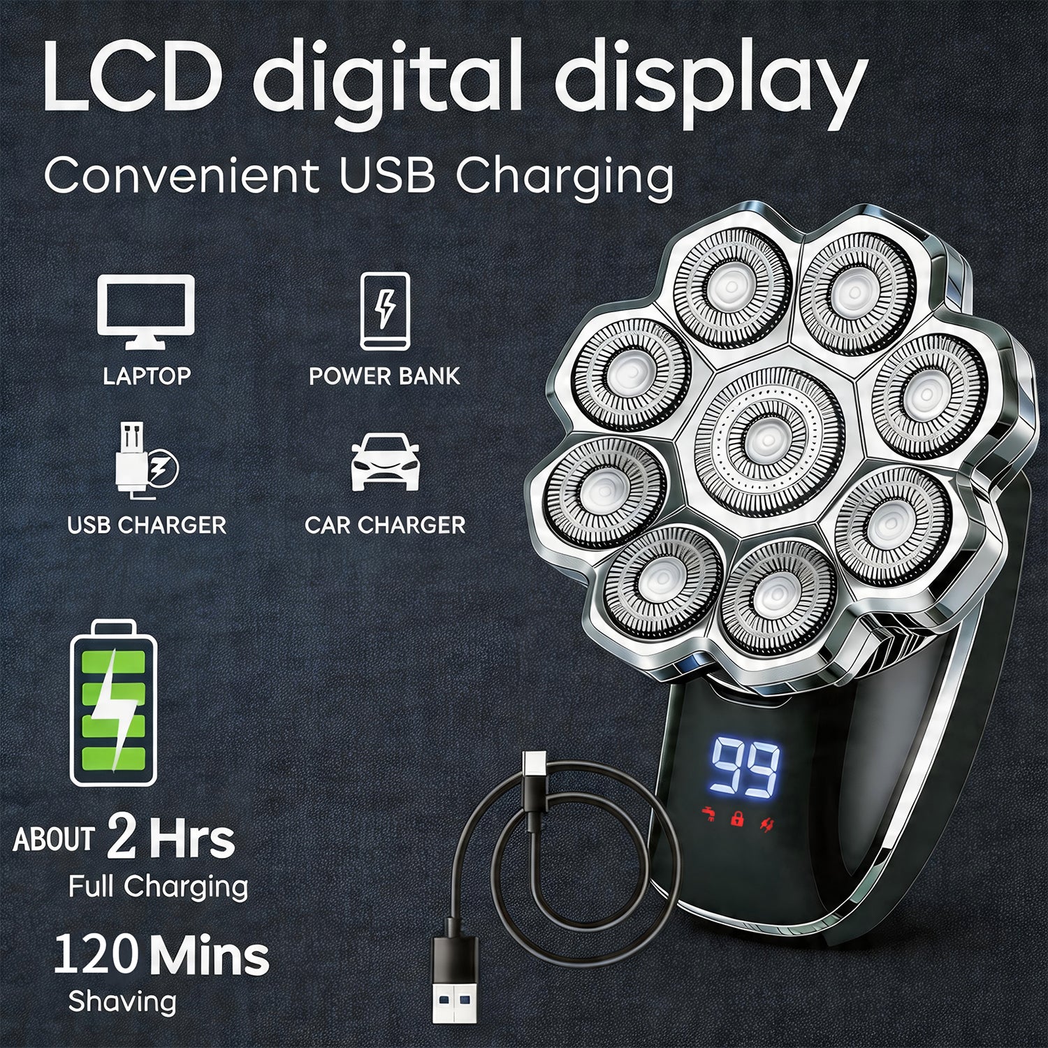 LARGNER 9D Electric Head Shaver for Bald Men, 5-in-1 Wet/Dry Cordless Rotary Razor Grooming Kit, IPX7 Waterproof, Smart LCD Display