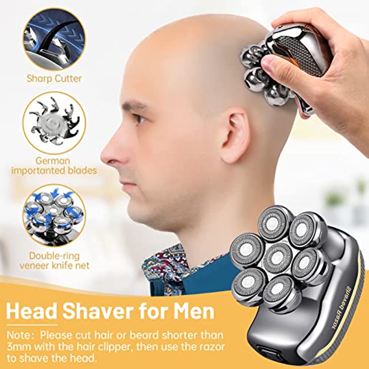 Head Shaver for Bald Man Cordless Electric Shavers, Nose Hair Trimmer,Ear Hair Trimmer - Detachable Heads Shavers for Men Waterproof Mens Razors for Shaving Rechargeable 7D Rotary Head Shaver for Men