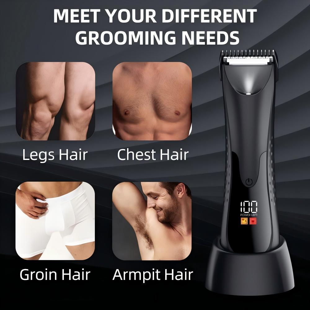 Groin Hair Trimmer for Men Waterproof Electric Manscape Body Hair Trimmer Ball Shaver Groomer for Pubic Body Grommer with Ceramic Blade, LED Light, Charging Base