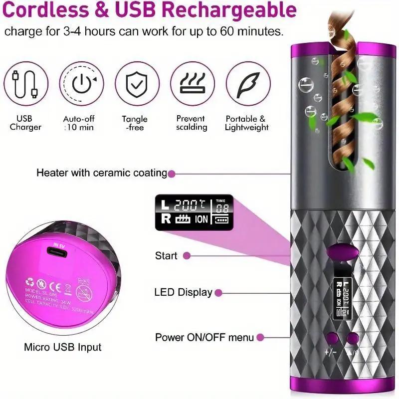 Automatic Curling Iron, Hair Curling Iron for Hair Styling, Cordless Auto Hair Curler, with 6 Temps and Timers, Auto Shut-Off, Fast Heating, Rechargeable Cordless Hair Curler 1