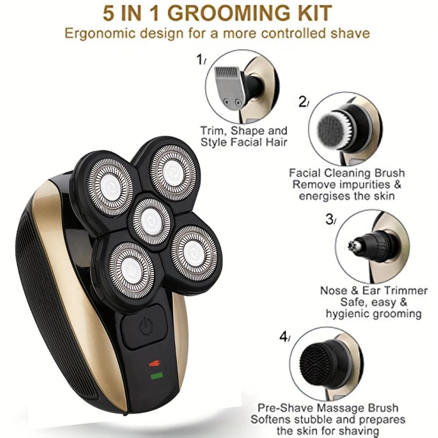 FlexSeries Electric Head & Body Hair Shaver - Mens Cordless Rechargeable Wet/Dry Skull Bald Head Back & Groin Waterproof Razor with Rotary Blades, Clippers, Nose Trimmer, Brush, Massager