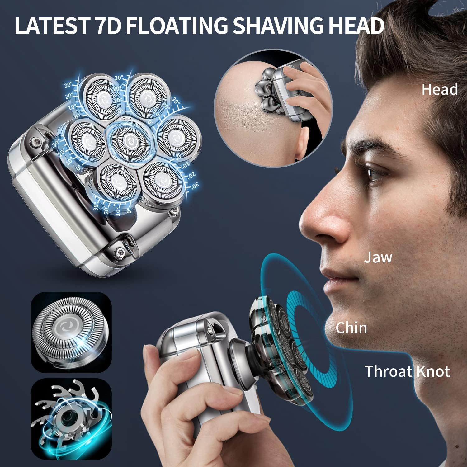7D Head Shavers for Bald Men, Upgraded 5-in-1 with Magnetic Detachable Head Electric Razor, IPX7 100% Waterproof Dry & Wet Bald Head Shaver, Easy-Clean Beard Grooming Kit for Home & Travel