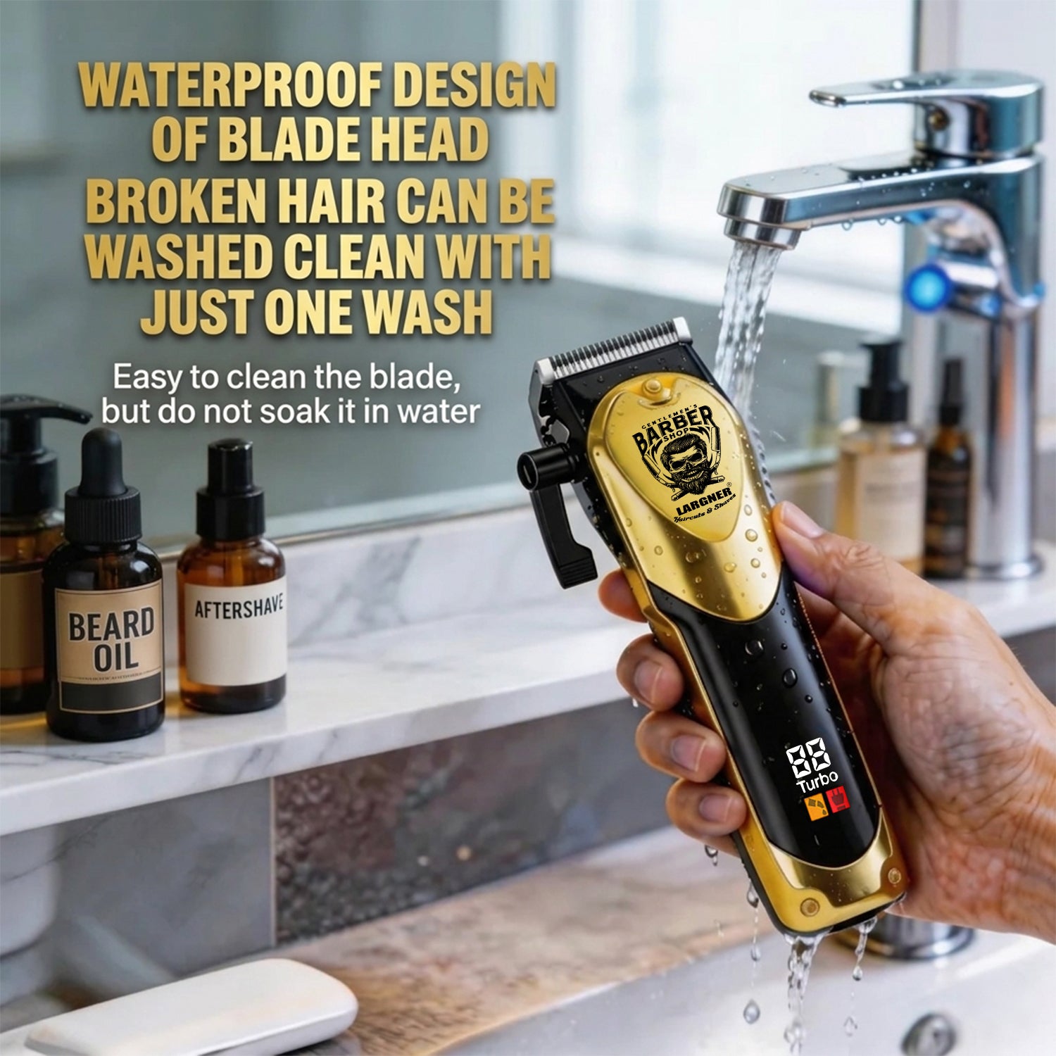 LARGNER 3-in-1 Heavy-Duty Hair Clippers for Men, Professional Barber Kit with Turbo Clipper, T-Blade Trimmer & Foil Shaver, 150-Min Runtime, Gold, 18-Piece