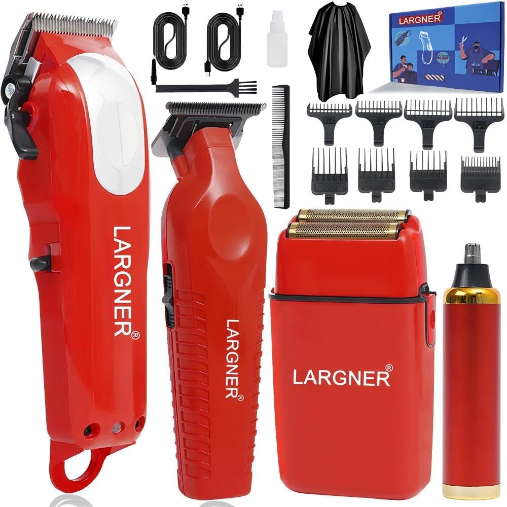 4 in1 Red Hair Cutting Grooming Kit Professional Hair Clippers and Shaver Set Cordless Beard Trimming for Men, Rechargeable Barber Clippers Set Mens Electric Foil Shaver Suitable for Halloween