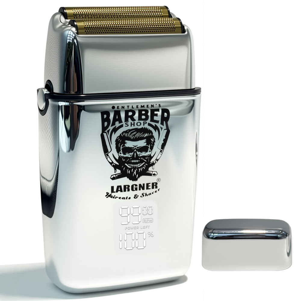 LARGNER Professional Foil Shaver – Cordless Electric Barber Shaver with Metallic Finish, LED Power Display, and Protective Cap