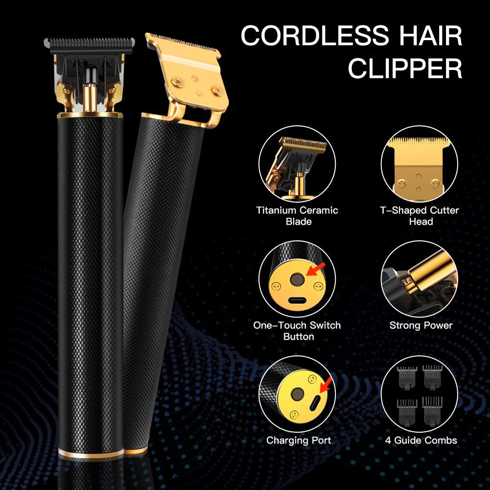Professional Cordless Hair Clipper and Trimmer for Men, T Blade Zero Gapped Rechargeable Beard Shaver, Hair Cutting Kit With Ear Spoon Tool Set, Black