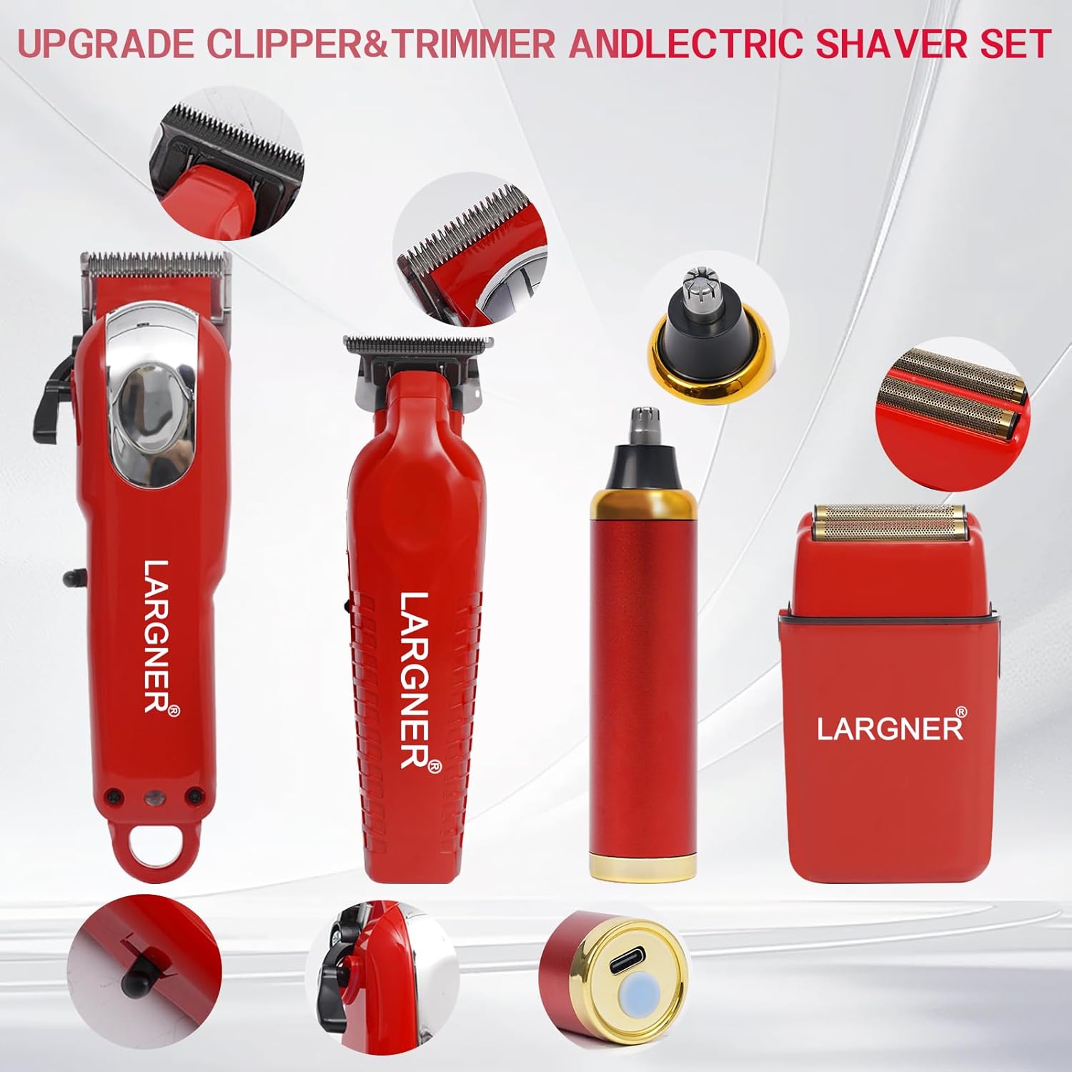 4 in1 Red Hair Cutting Grooming Kit Professional Hair Clippers and Shaver Set Cordless Beard Trimming for Men, Rechargeable Barber Clippers Set Mens Electric Foil Shaver Suitable for Halloween