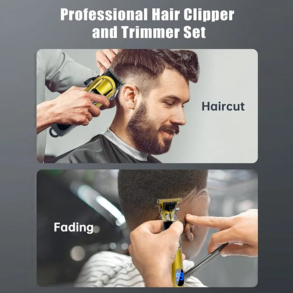 LARGNER - 2 in 1 Professional Men's Hair Clipper Set, Shaver and Men's Facial Grooming Tool, Rechargeable Hair Clipper Kit and Trimming Tool (Black Gold Gradient)