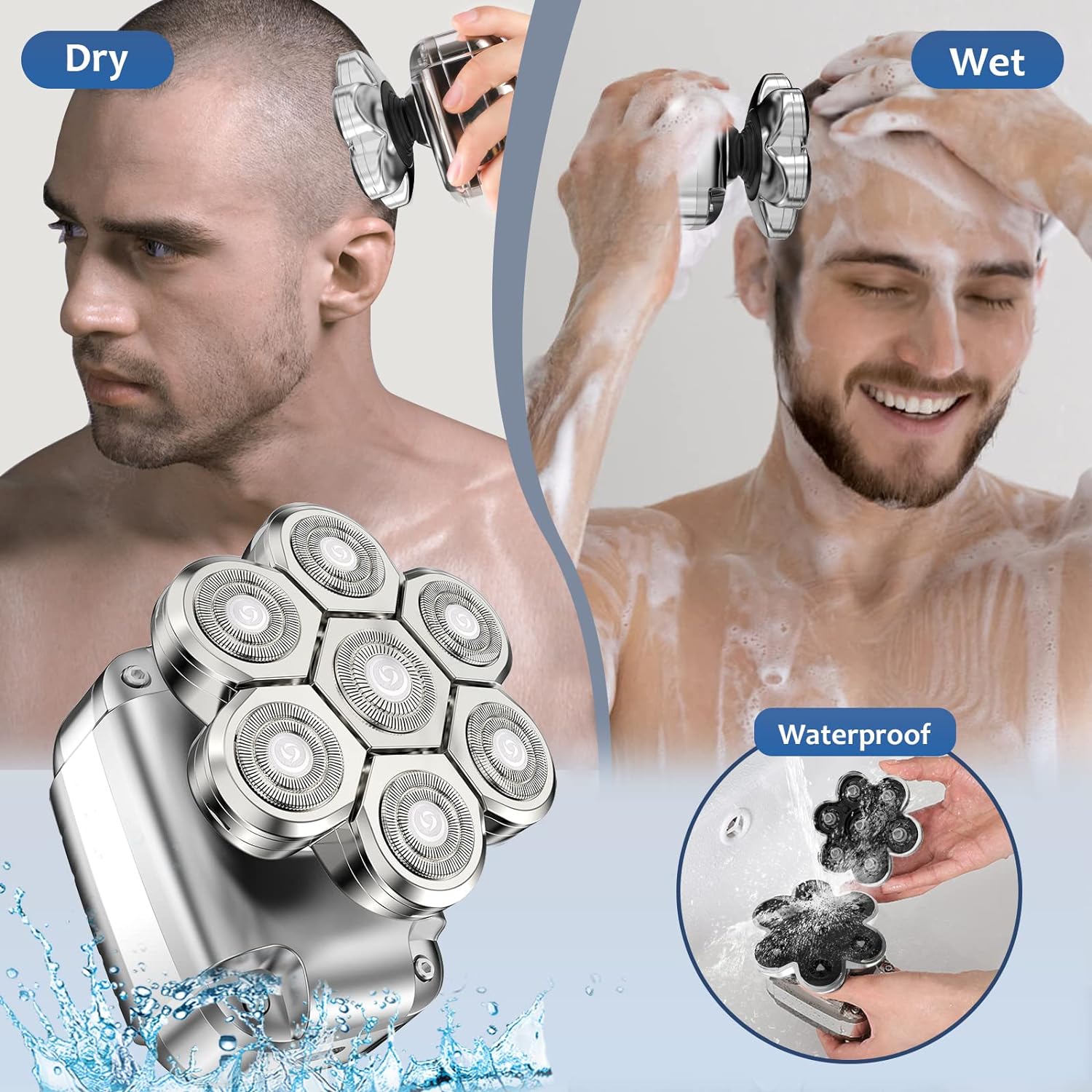 7D Head Shavers for Bald Men, Upgraded 5-in-1 with Magnetic Detachable Head Electric Razor, IPX7 100% Waterproof Dry & Wet Bald Head Shaver, Easy-Clean Beard Grooming Kit for Home & Travel