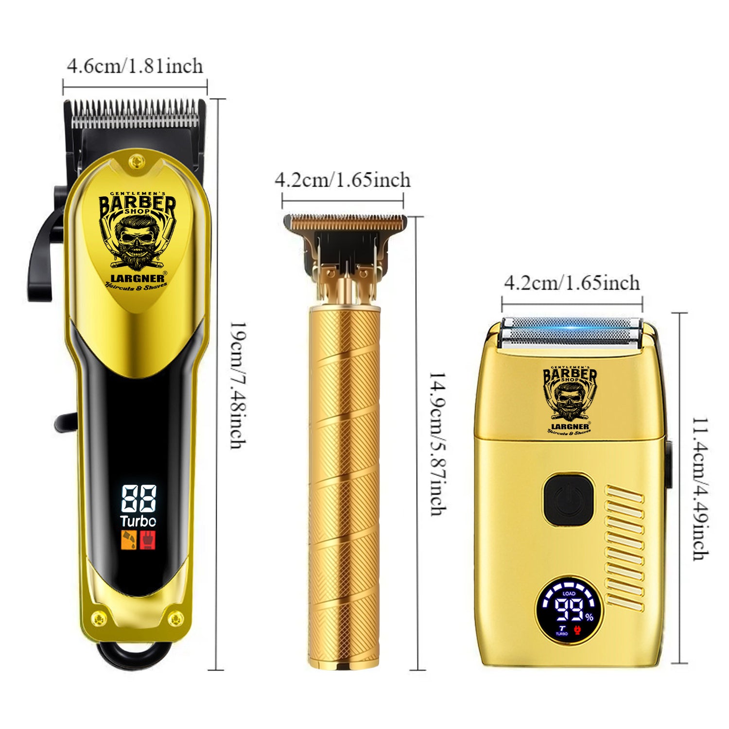 LARGNER 3-in-1 Heavy-Duty Hair Clippers for Men, Professional Barber Kit with Turbo Clipper, T-Blade Trimmer & Foil Shaver, 150-Min Runtime, Gold, 18-Piece