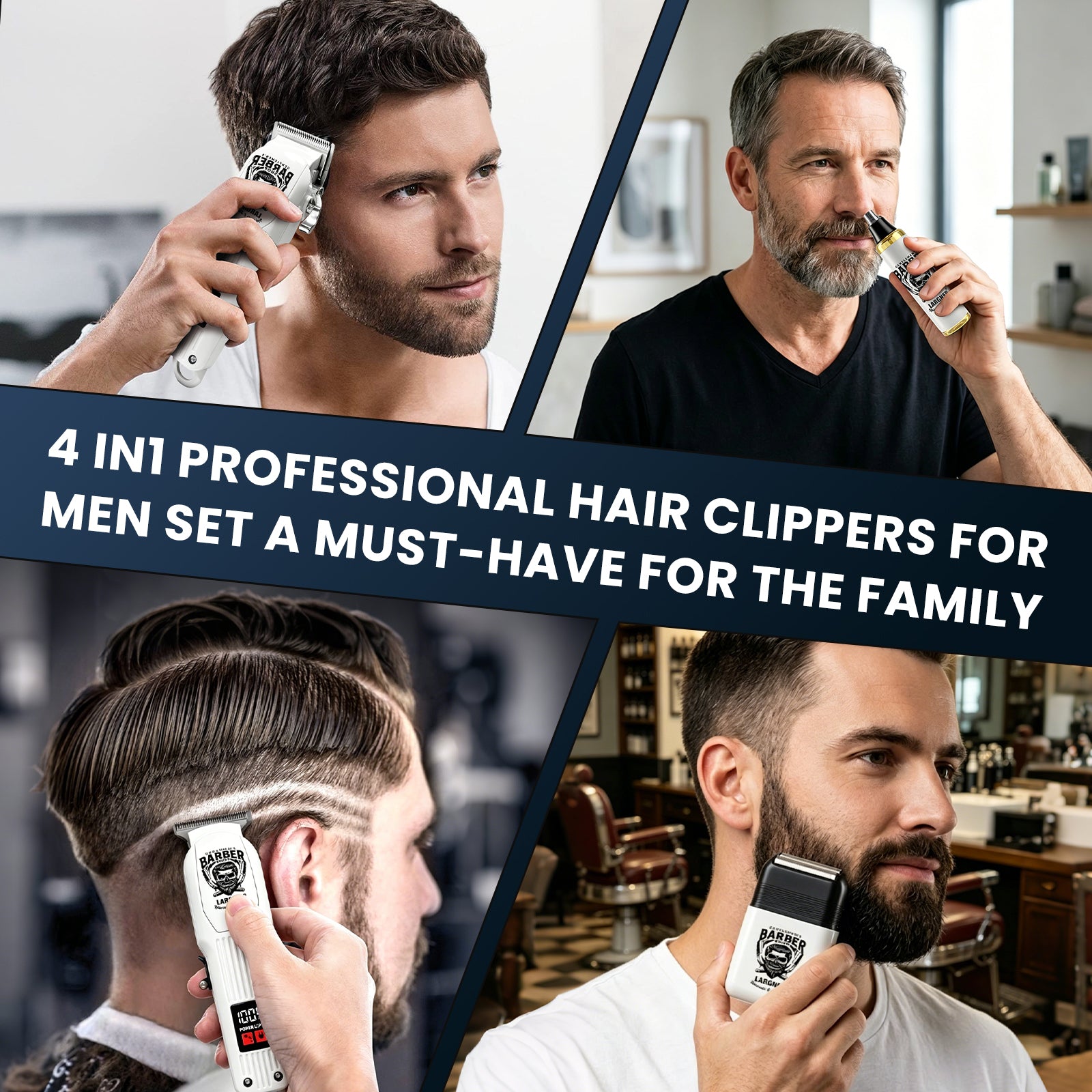 LARGNER Professional Hair Clippers for Men, Cordless Barber Clipper & Edger Set, White Mens Grooming Kit with Foil Shaver & Nose Trimmer, LED Display, Haircut Tools, Gifts for Dad