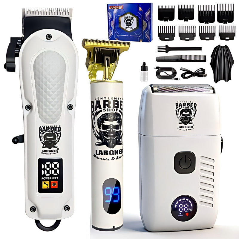LARGNER Professional 3-in-1 Barber Grooming Kit - Cordless Hair Clipper, T-Blade Trimmer, and Foil Shaver Set with LED Display - Salon-Grade Haircutting & Shaving Tools