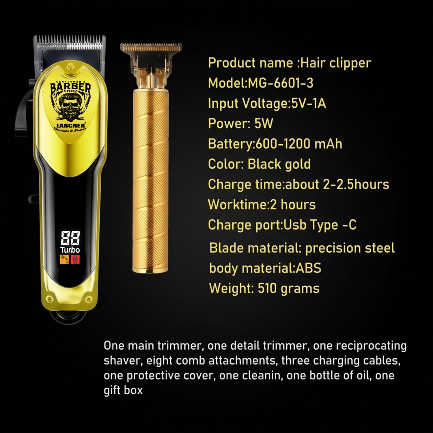 LARGNER 3-in-1 Heavy-Duty Hair Clippers for Men, Professional Barber Kit with Turbo Clipper, T-Blade Trimmer & Foil Shaver, 150-Min Runtime, Gold, 18-Piece