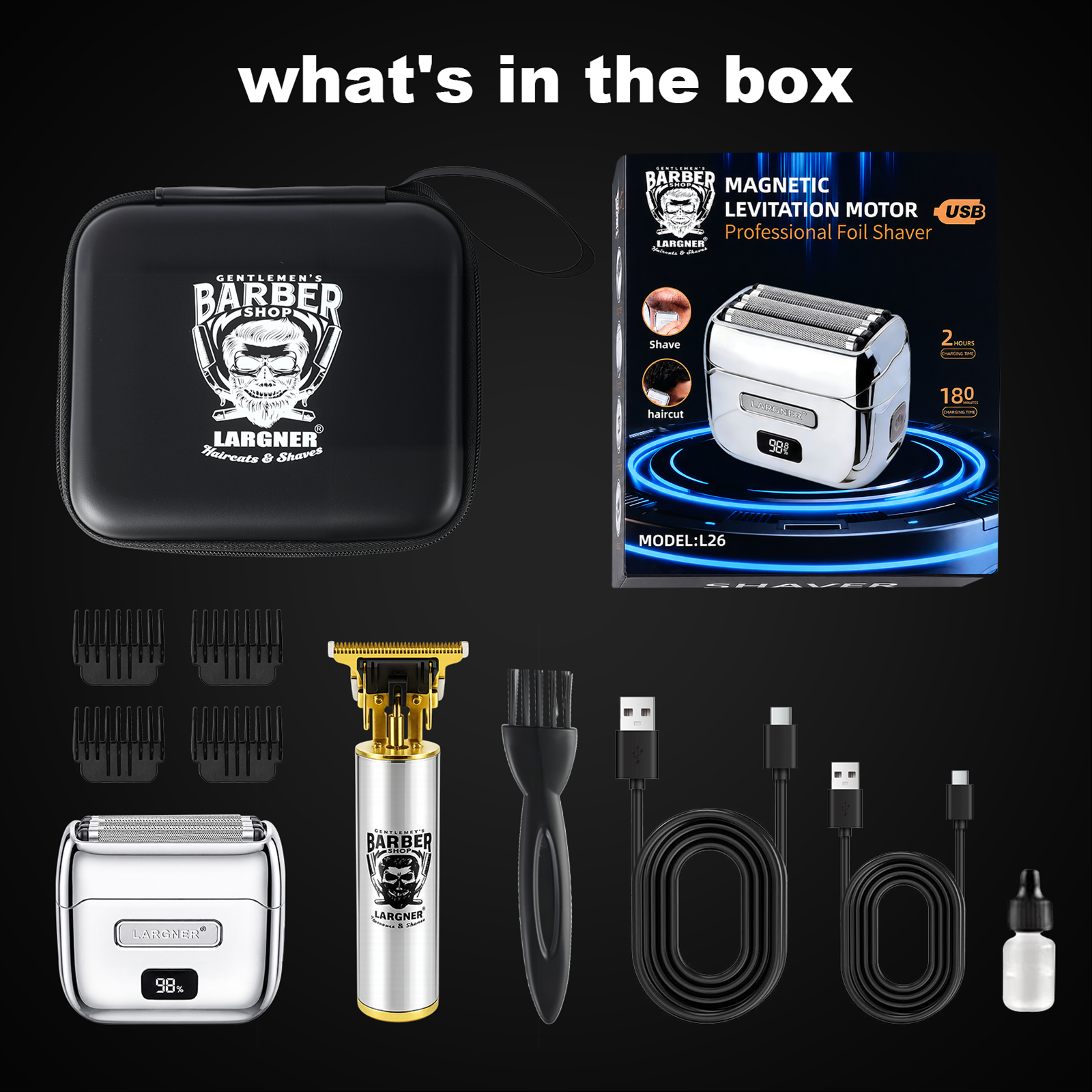 LARGNER 5-Blade Metal Foil Shaver for Men, Magnetic Levitation Electric Razor, IPX7 Wet/Dry with Travel Case, Silver