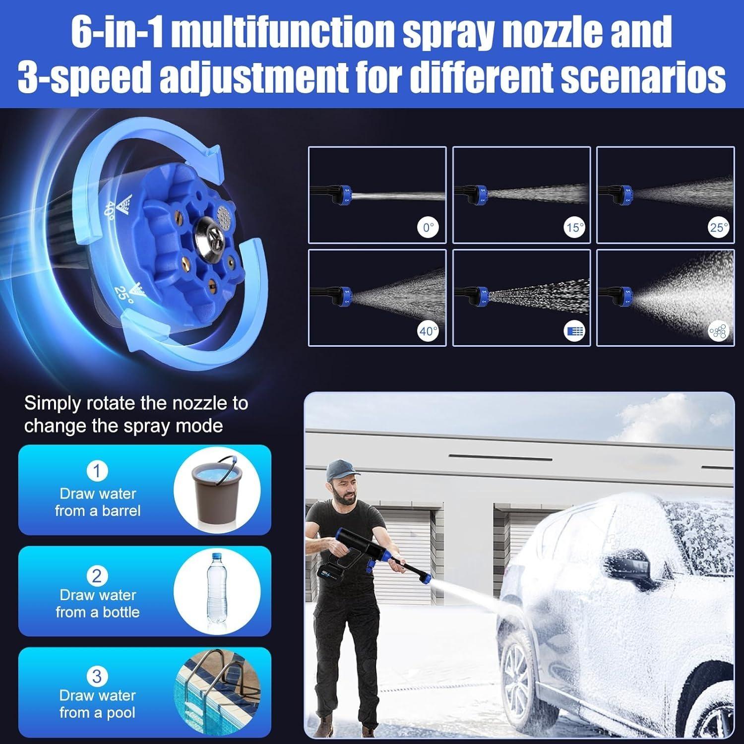 Cordless Power Washer Portable, 800 PSI High Pressure Washer Gun,15000mAh Battery Operated Power Washer with 6-in-1 Adjustable Nozzle, Handheld Pressure Washer for Car, Home& Patio Cleaning
