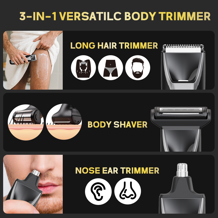 LARGNER Multi-Functional Grooming Kit – 3-in-1 Cordless Electric Trimmer, Nose Hair Clipper, and Shaver Set with Charging Base