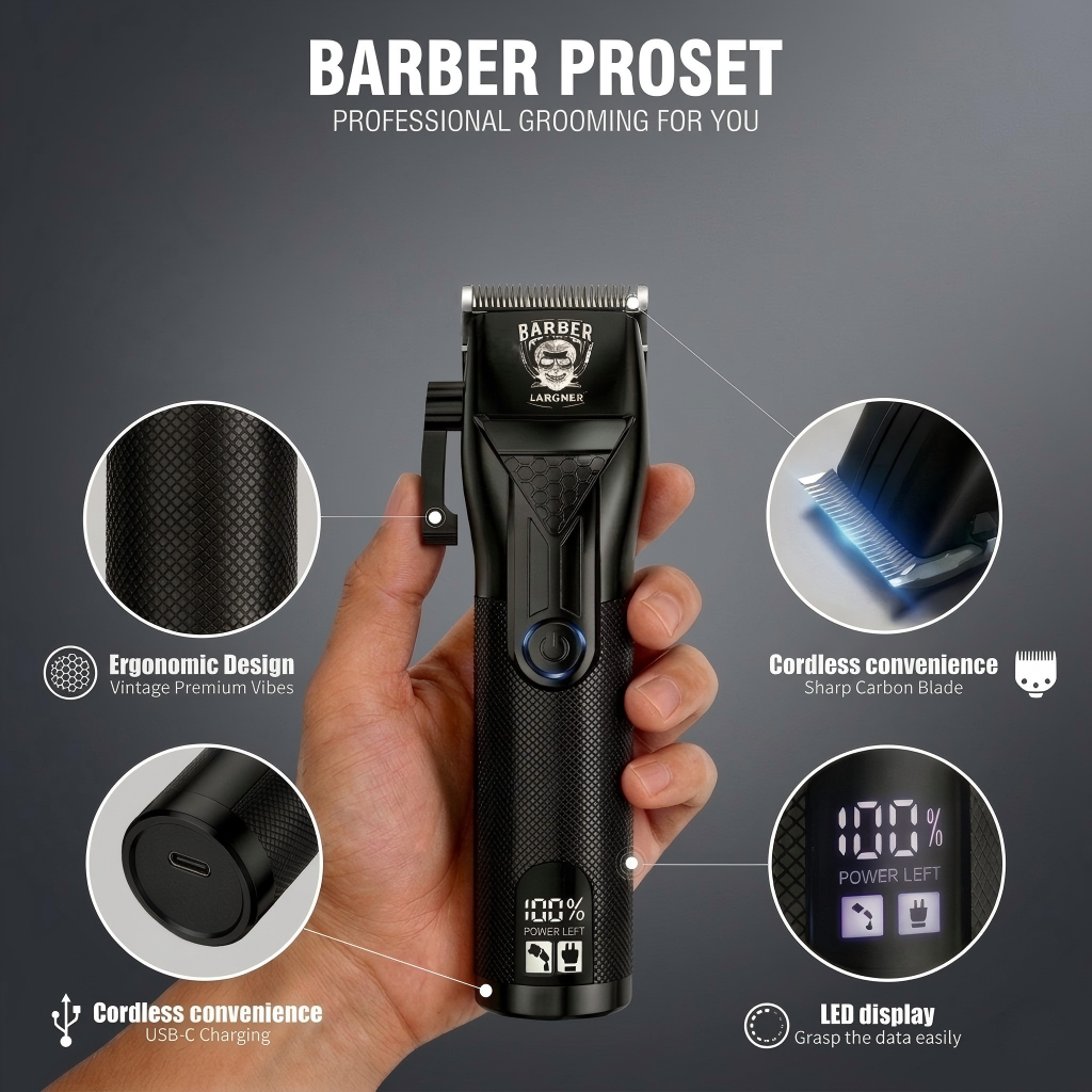LARGNER Professional 3-in-1 Grooming Set – Cordless Hair Clipper, T-Blade Trimmer, and Foil Shaver Kit with Digital LED Display