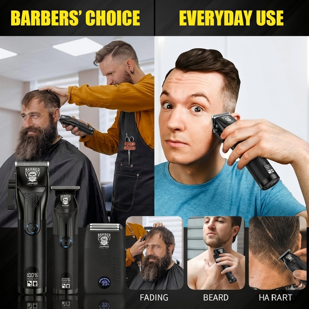 LARGNER Professional 3-in-1 Grooming Set – Cordless Hair Clipper, T-Blade Trimmer, and Foil Shaver Kit with Digital LED Display
