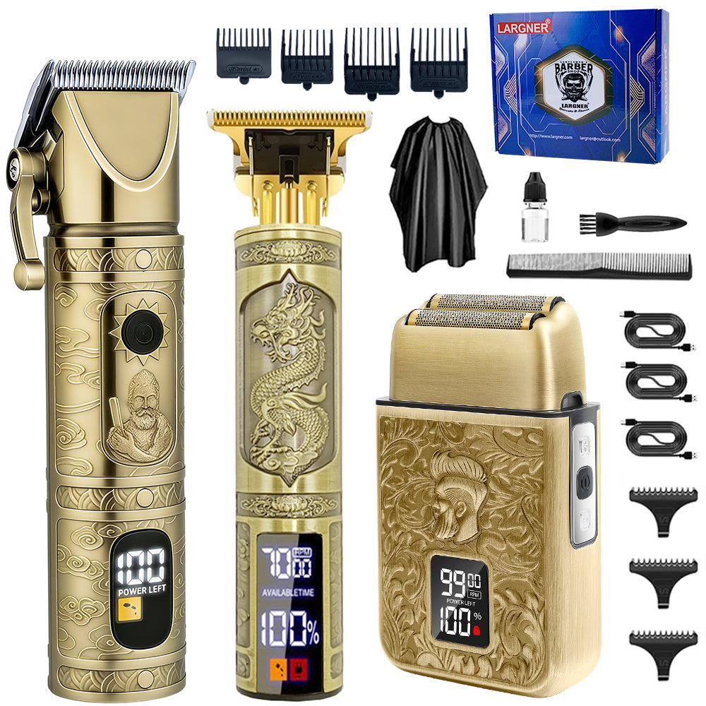 LARGNER Elite Series Professional Barber Hair Clippers for Men, Cordless Grooming Kit with Beard Trimmer, Foil Shaver & Nose Trimmer, Vintage Metal Home Haircut Set, Gold