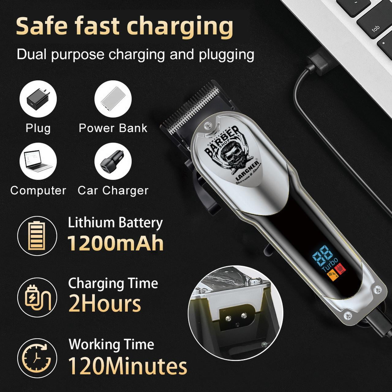 LARGNER Silver Grooming Kit for Men, Cordless Barber Hair Clipper, Zero Gap Beard Trimmer & Foil Shaver with LED Display