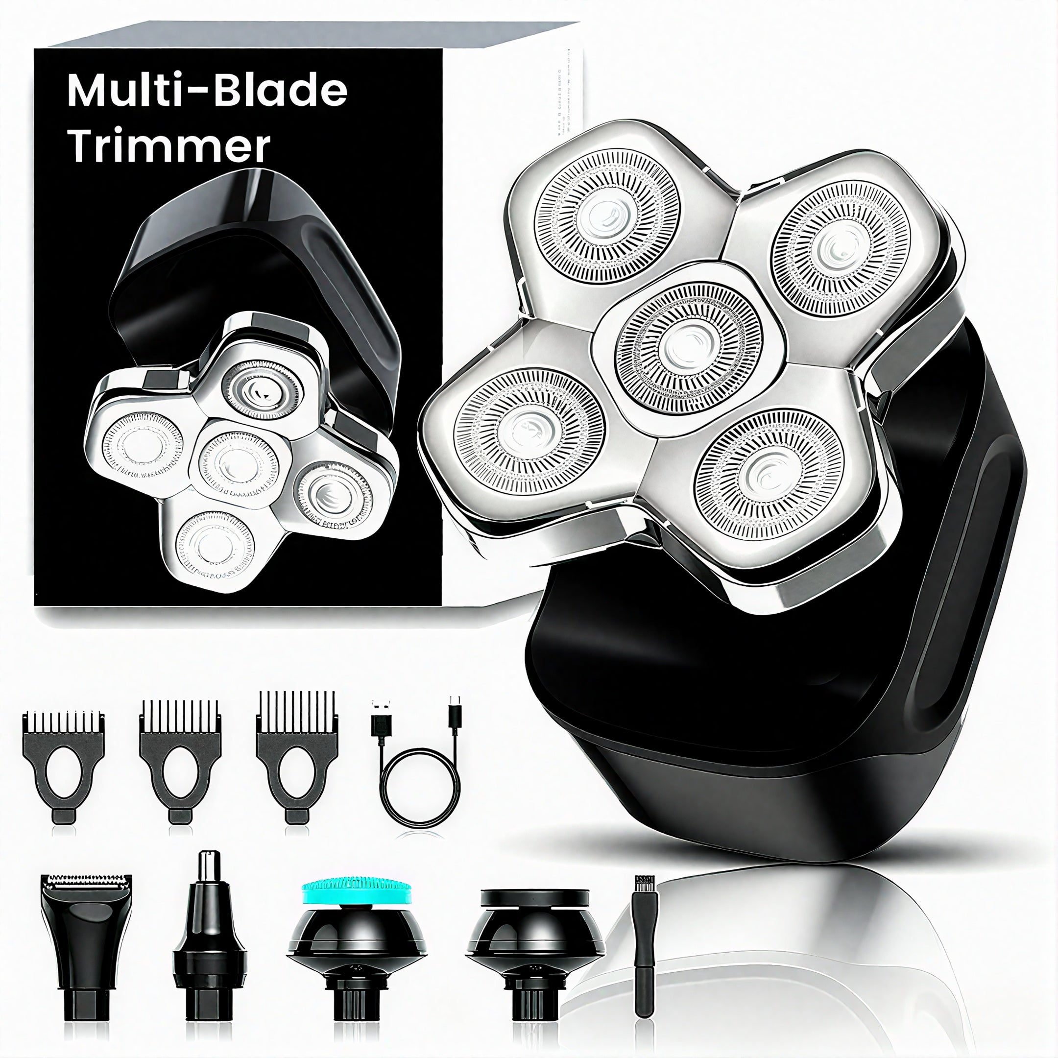 LARGNER 5-Blade Multi-Functional Shaver – All-in-One Electric Grooming Kit with Interchangeable Heads and Precision Trimming Attachments