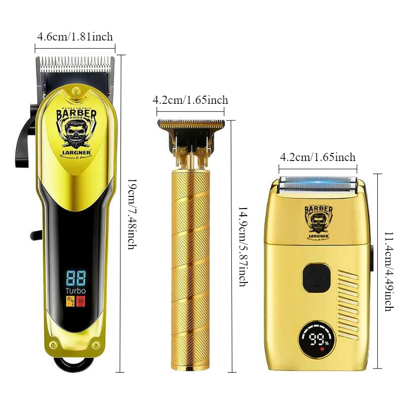 LARGNER Professional 3-in-1 Barber Grooming Kit - Cordless Hair Clipper, T-Blade Trimmer, and Foil Shaver Set with LED Display - Salon-Grade Haircutting & Shaving Tools