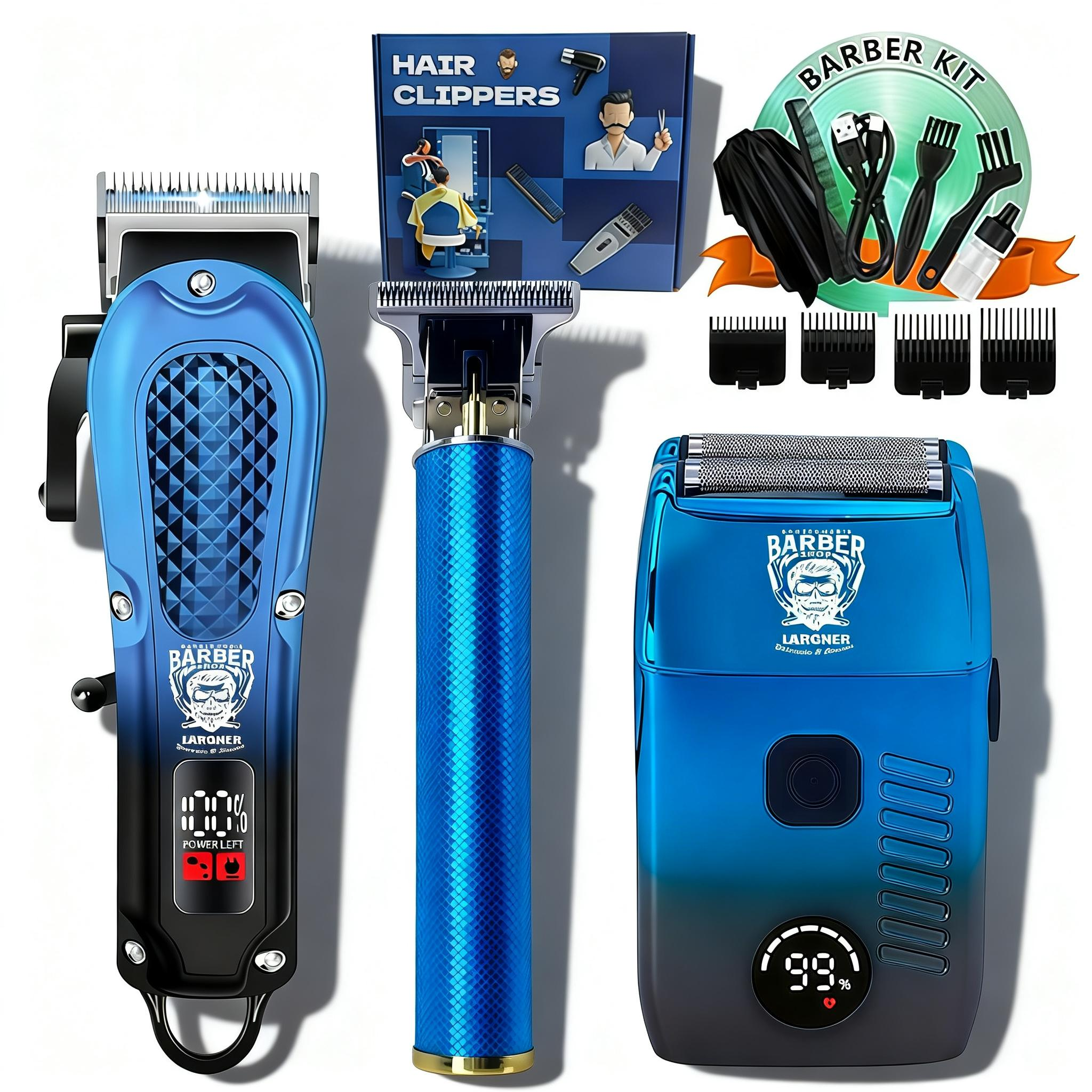 LARGNER Professional 3-in-1 Barber Grooming Kit - Cordless Hair Clipper, T-Blade Trimmer, and Foil Shaver Set with LED Display - Salon-Grade Haircutting & Shaving Tools