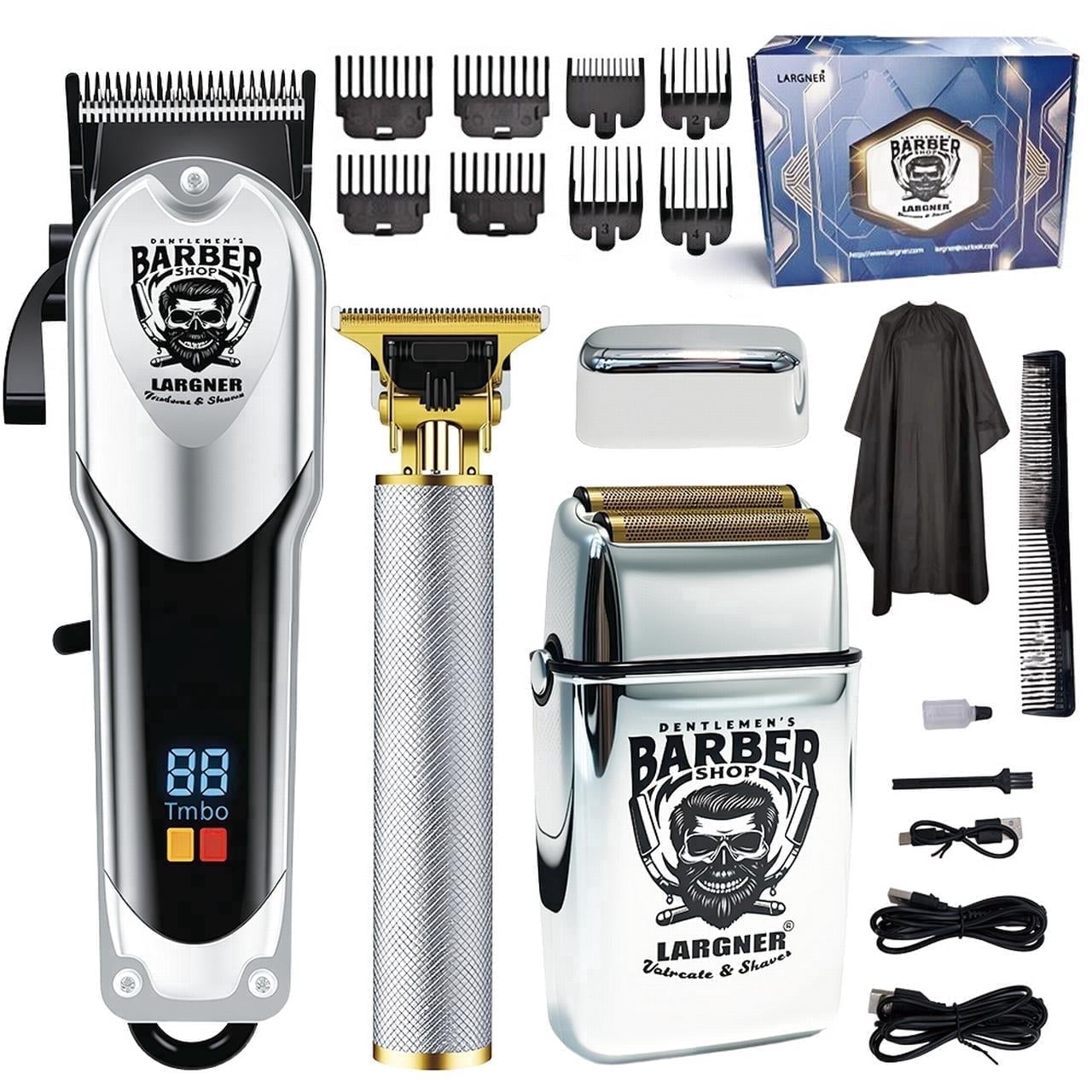 LARGNER Silver Grooming Kit for Men, Cordless Barber Hair Clipper, Zero Gap Beard Trimmer & Foil Shaver with LED Display
