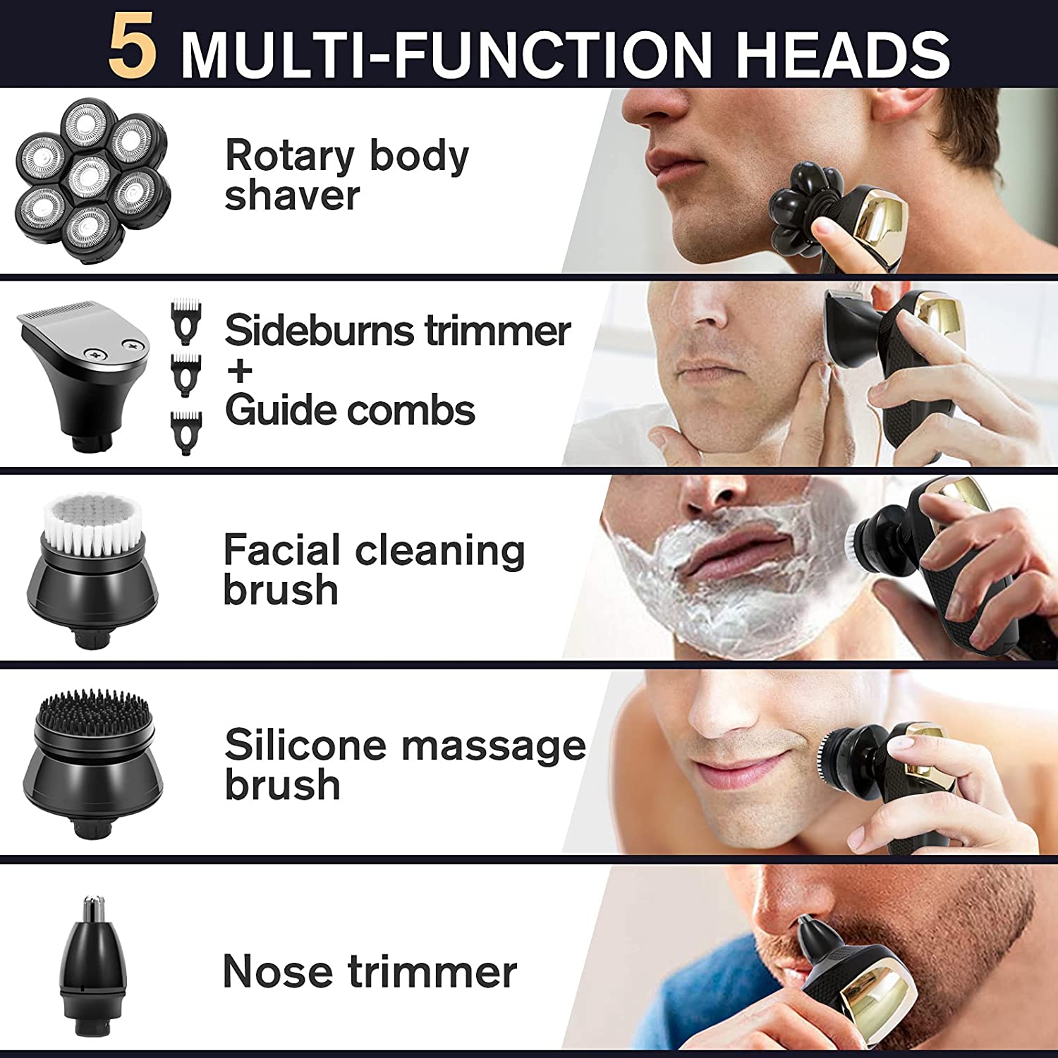 7D Head Shavers for Bald men Largner Multifunctional 5 in 1 Electric Razor for Men Cordless Rechargeable Travel Grooming Kit for Man Facial Bald Head LED Display